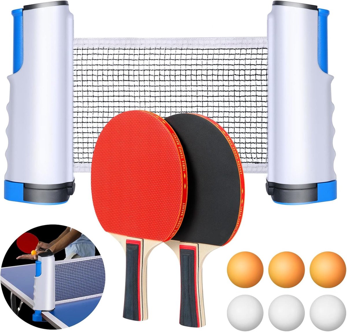 Tafeltennisset, tafeltennisbatjes, 2 tafeltennisbatjes + 3 tafeltennisballen, pingpong-set, tafeltennisbatjesset met draagtas voor beginners en gevorderden, gezinnen en professionals