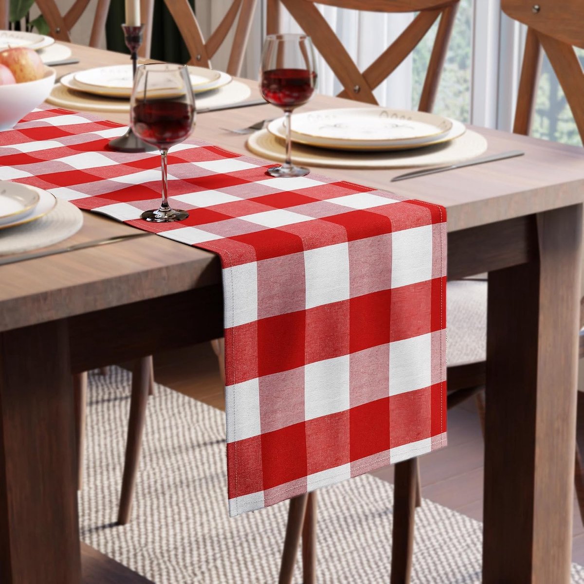 XO katoenen tafelloper voor 8 tot 10 personen | Afmeting 32x304 cm | Buffalo Red Checks - Machinewasbaar en duurzaam | Buffalo Red Checks, 200 g/m² zwaargewicht stof, machinewasbaar, oppervlaktebescherming, omzoomde randen, binnen en buiten