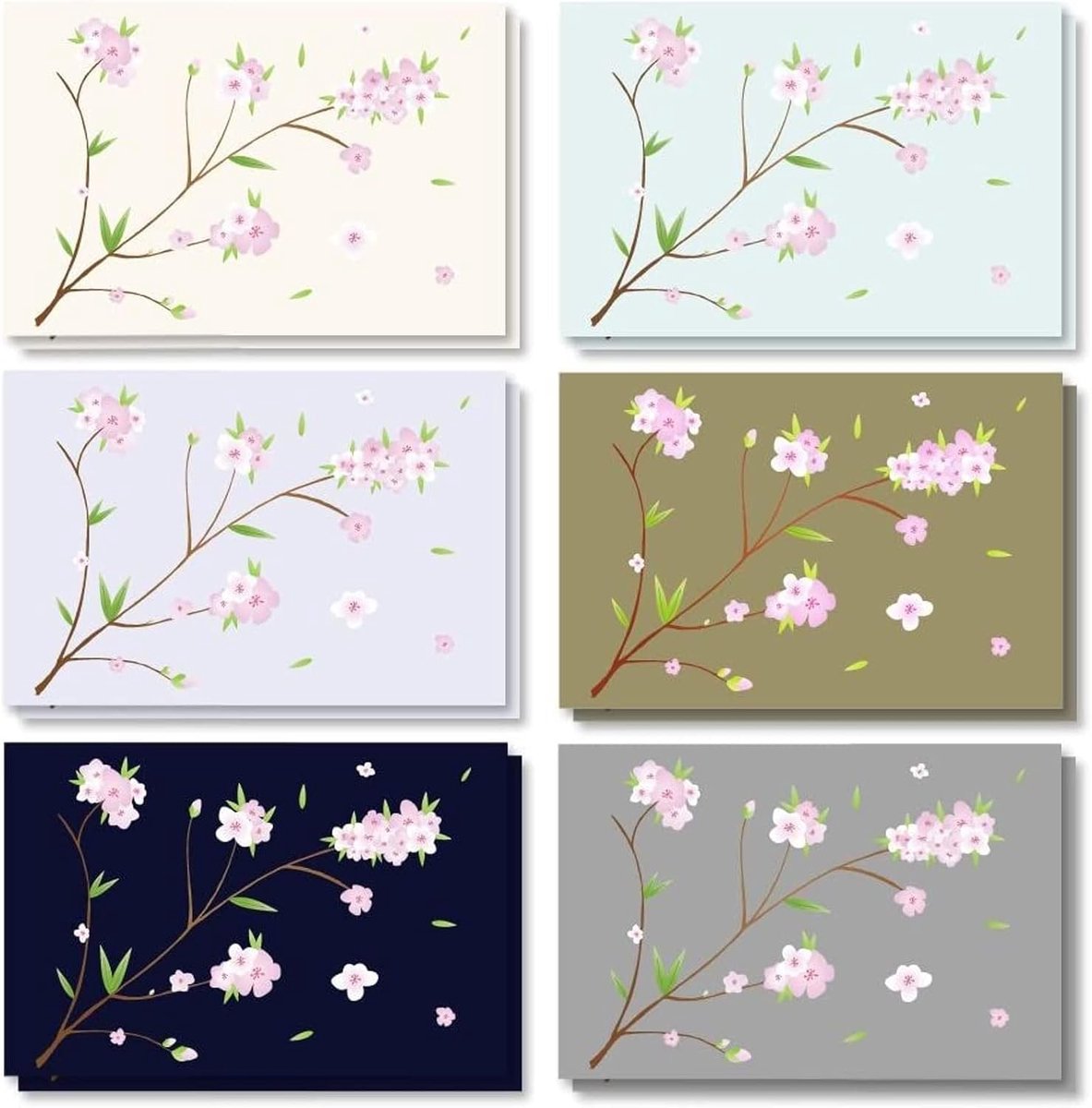 Set van 120 kersenbloesembriefkaarten met enveloppen, blanco binnenkant voor alle gelegenheden, bedankbrieven, bulkboxset (6 ontwerpen)