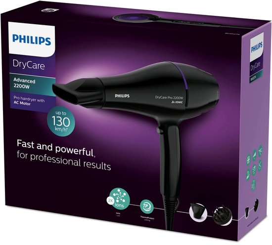 Zwarte Philips DryCare Pro 2200W haardroger met diffuser op verpakking. 'Fast and powerful, for professional results'.