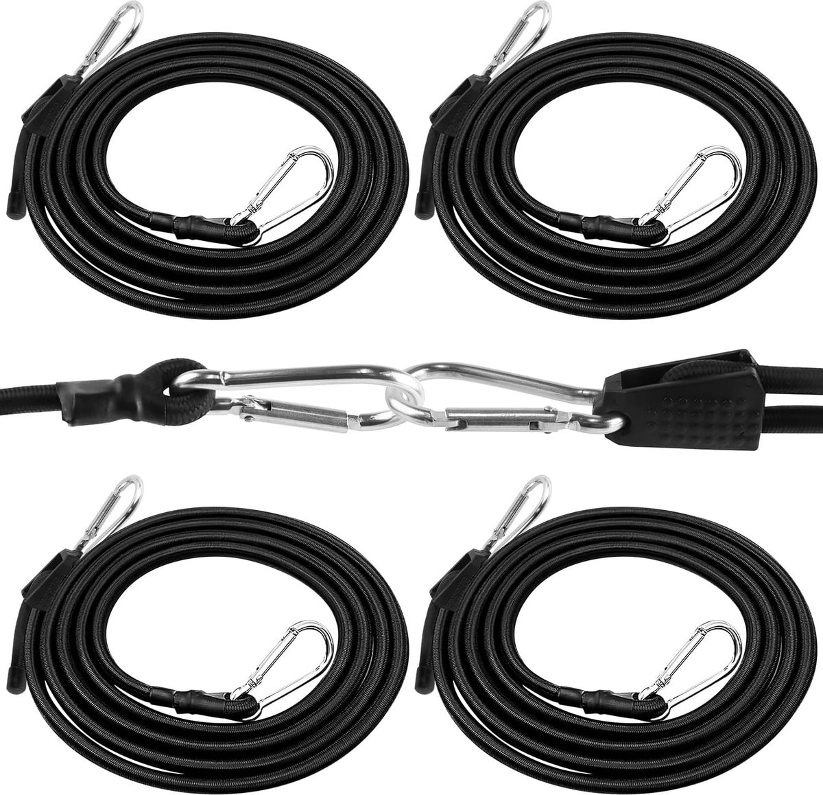 Elastisch touw met karabijnhaak, 4 stuks, 8 mm x 4 m voor het bevestigen van bagage, bagagedrager, camping, motorfietsen en dekzeilen, doe-het-zelfprojecten