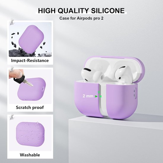 2PCS Mocarheri Siliconen hoes Compatibel met Airpods Pro 2e generatie hoes 2022, Ultra-Thin, zachte bescherm hoes voor Airpods Pro 2, LED vooraan zichtbaar (roze/lichtpaars) — afbeelding 3