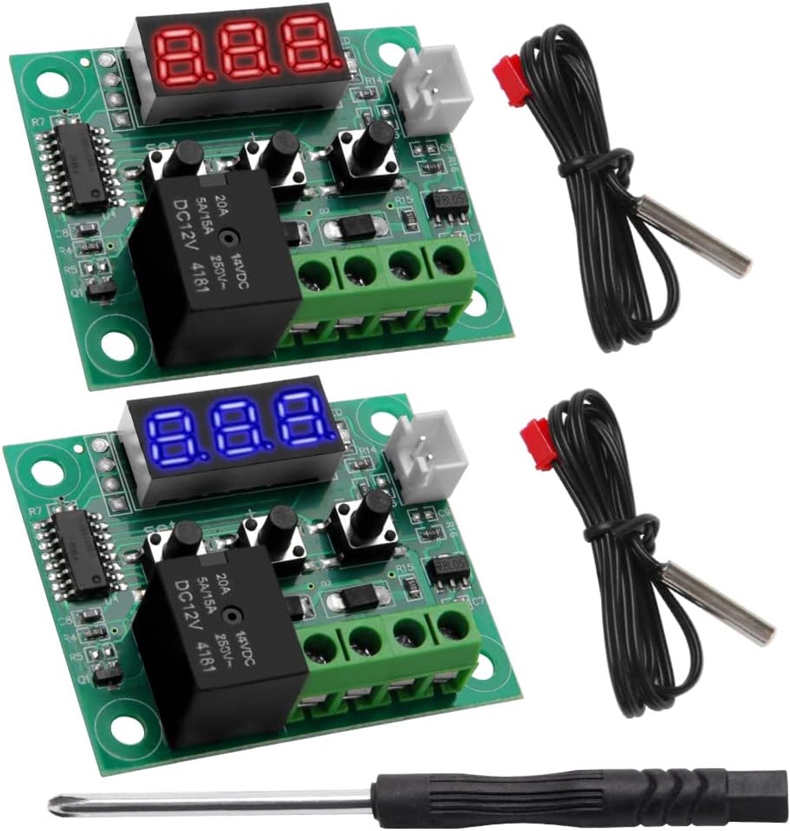 2 Stuks W1209 Temperature Controller Module, 12V DC Micro Digitale Thermostaat -50-110°C Elektronische Temperatuur Temperatuurregeling Module Schakelaar met NTC waterdichte Sonde