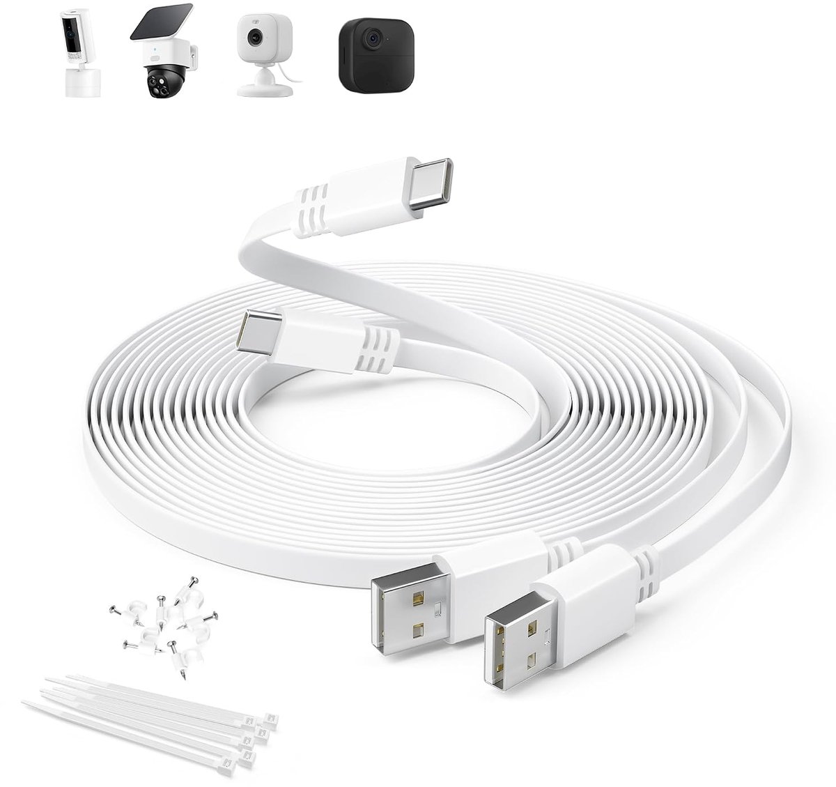 USB A naar USB C Oplaadkabel voor Beveiligingscamera 3M 2 Stuks,Wit | Lange Platte USB C Verlengkabel voor Blink Outdoor 4/Mini 2 2K+,eufy S3 Pro,3C/S300,SoloCam S340/S220/C210/S40,Tapo C120,Ring