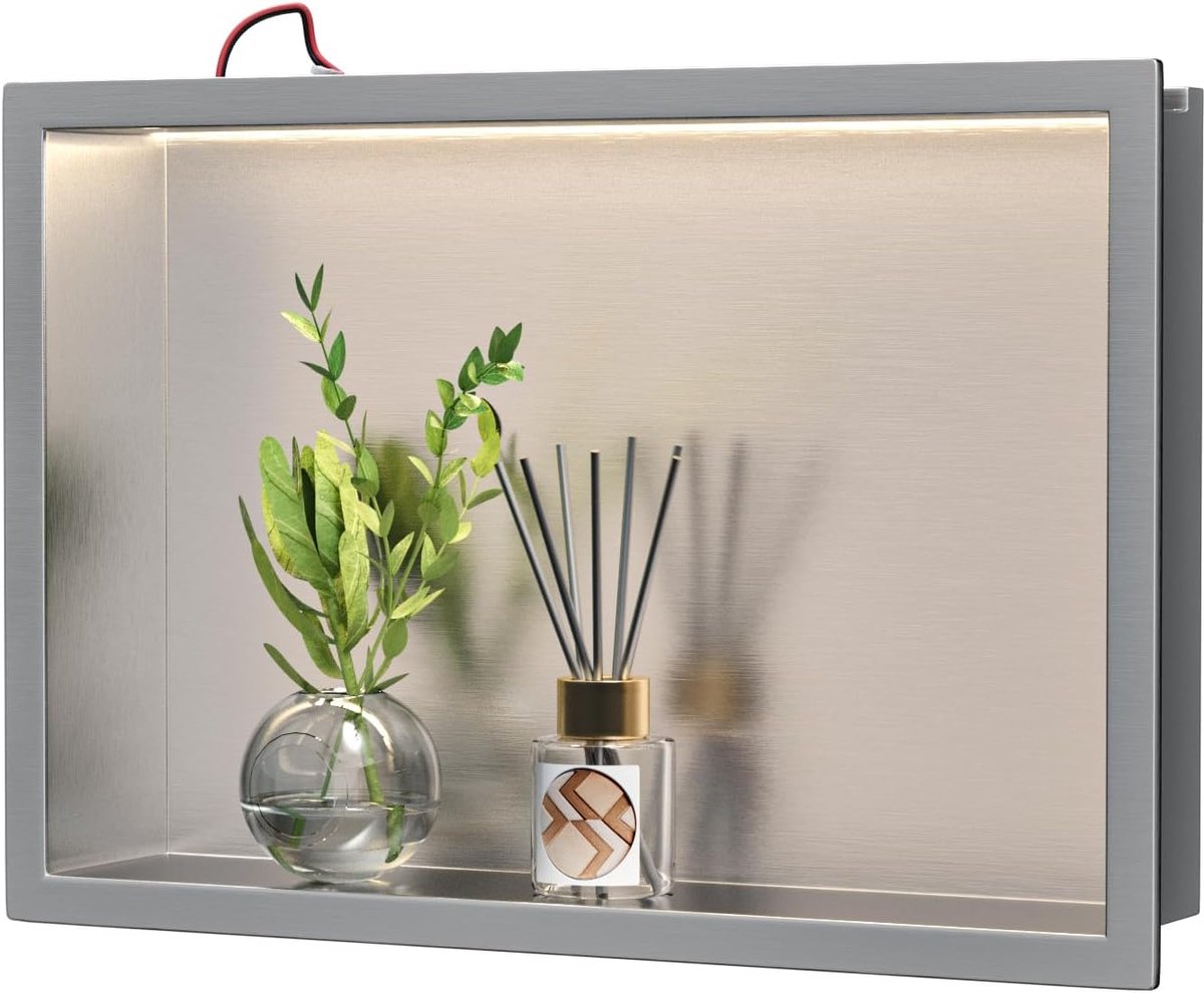 roestvrijstalen douchebak 45 cm x 30 cm gepolijst, met geïntegreerd LED-licht, waterdicht, zonder tegelbehoefte – wandschap voor badkameropslag, te monteren boven het bad