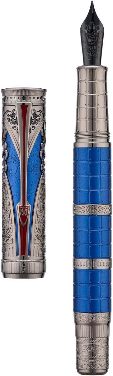 D5X Vulpen Blauwe Kleur Medium Penpunt, Qin Dynastie Retro Chinese Totem Graveren Gladde Schrijfpen met Converter en Pen Box Set