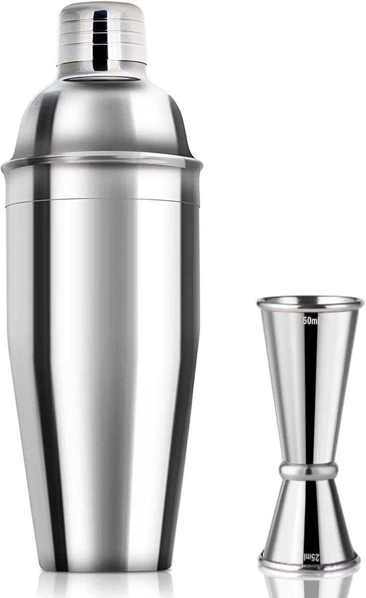 Cocktailshaker, 750 ml, jigger, 25/50 ml, met interne meetlijnen, roestvrij staal, baraccessoires, cocktailshaker, accessoires