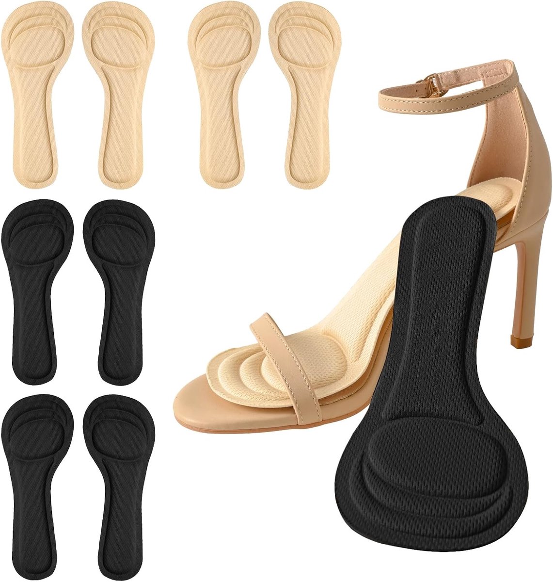 4 paar antislip inlegzolen, lengte 3/4, zelfklevende inlegzolen voor hoge hakken, decolleté, open tenen, platte schoenen en sandalen (beige + zwart)