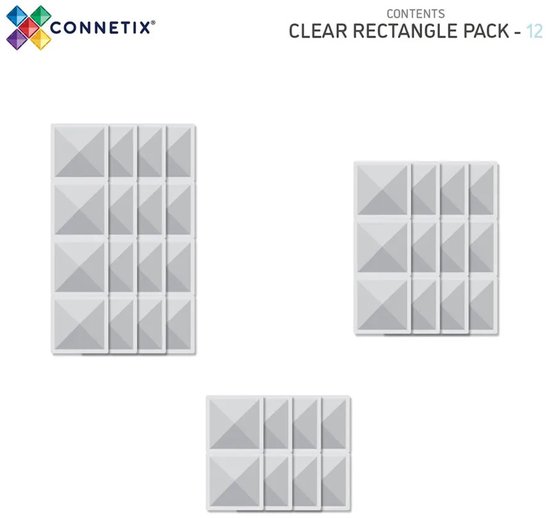 Twaalf transparante Connetix magnetische rechthoekige tegels.