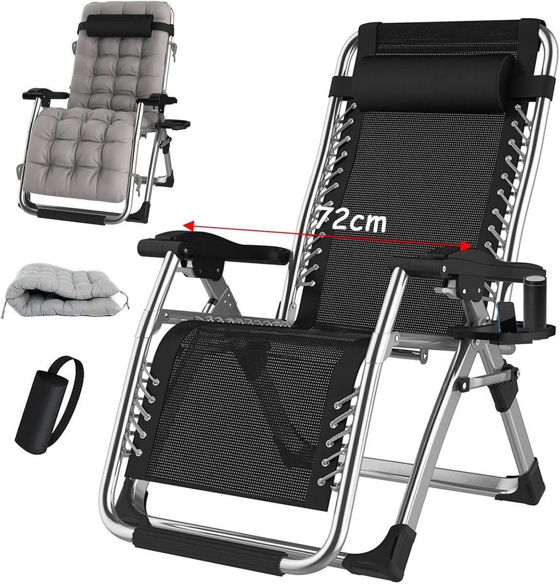Gravity stoel, inklapbare ligstoel, ondersteunt tot 200 kg fauteuil, Opvouwbare Zonneligstoel ligstoel, inklapbaar, met bekerhouder, kussen,hoofdsteun, voor Tuin, Terras of Balkon (zilver, 72 cm)