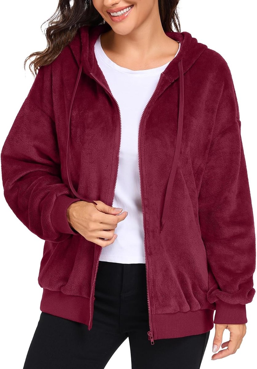 Dameshoodie met ritssluiting, flanellen hoodie, sweatshirt met lange mouwen, warme winterjassen met zakken