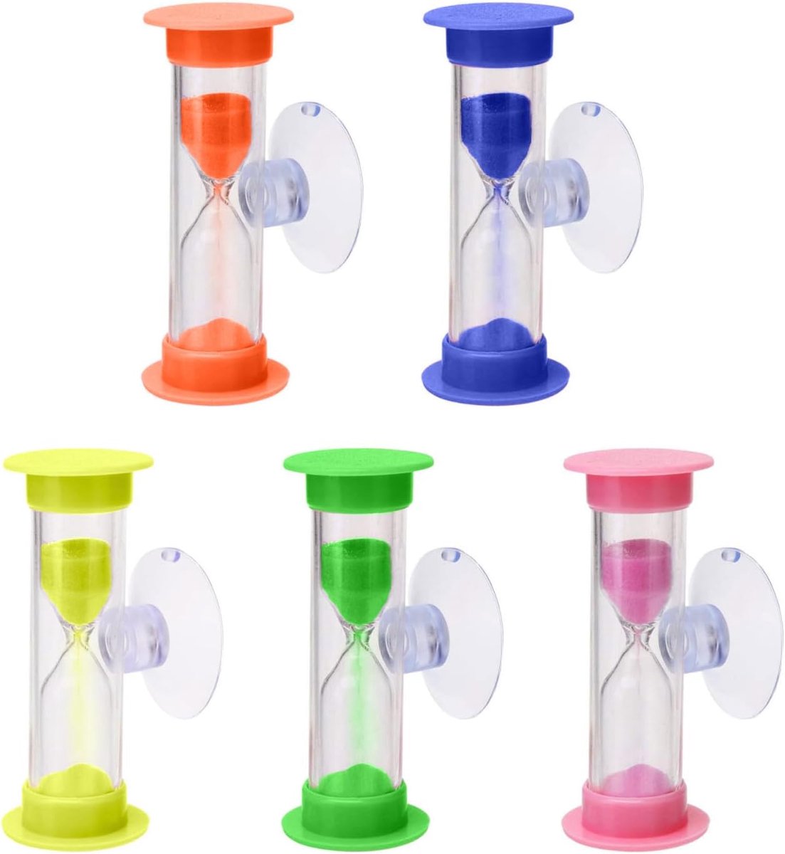5 stuks zandloper met zuignap, 2 minuten aftellen, zandloper voor kinderen, zuignaptimer, creatieve plastic zandloper voor woonkamer, slaapkamer, bureau