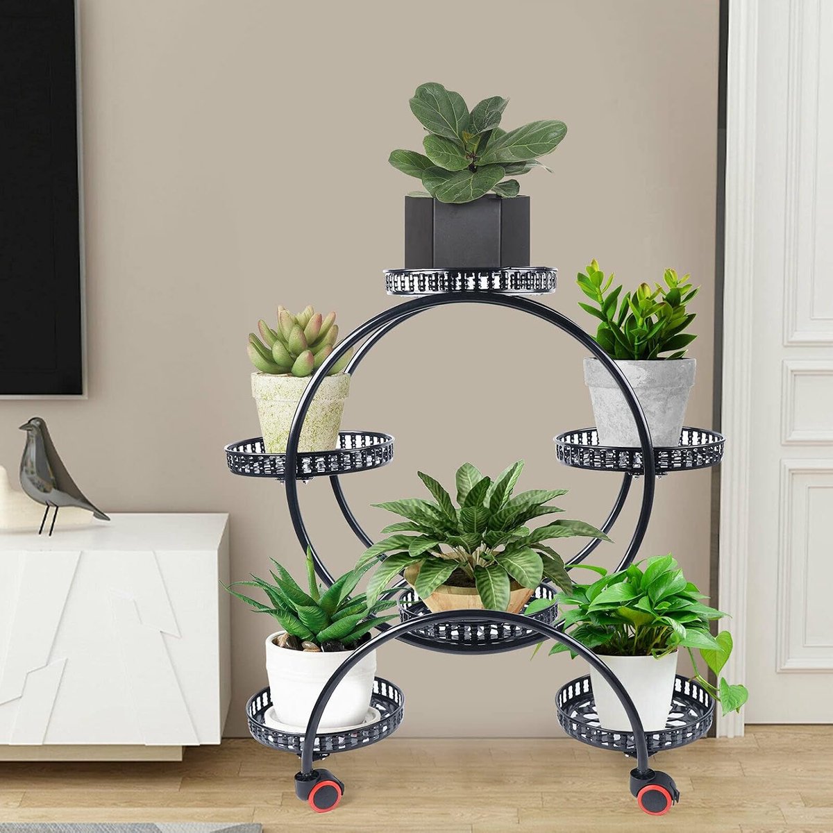 Bloemenkast, potplantenstandaard, rek met wieltje, metaal, ijzer, bloempotten, plantendisplay, bloemenbank voor binnen en buiten, tuindecoratie met zes grote dienbladen (zwart)