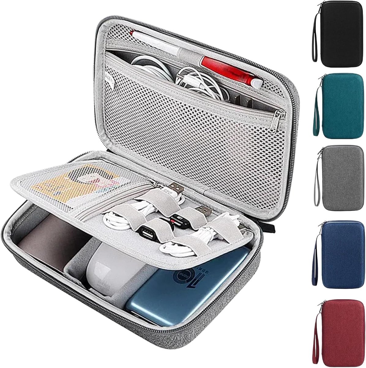 Harde EVA Electronics Travel Organizer Case - Tech Pouch voor powerbank, kabels, oplader en harde schijf - waterdichte draagbare opbergtas (grijs, L)