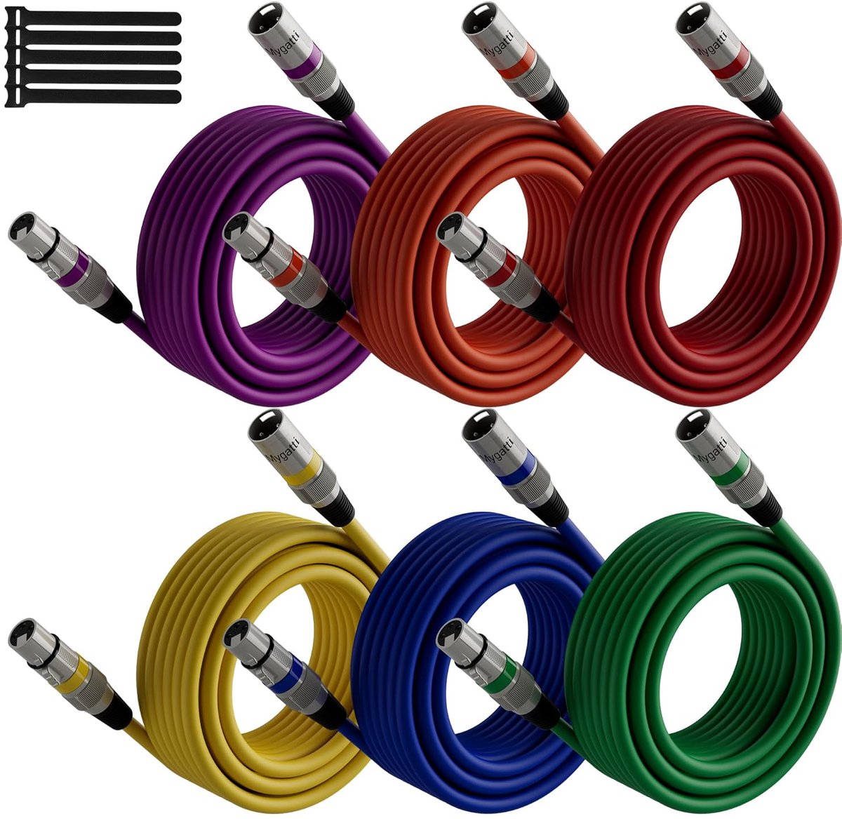 Microfoonkabel 10m/6 pack,meerkleurig,mannelijk naar vrouwelijk,3 pins gebalanceerde en afgeschermde, met EMI en RFI onderdrukking,compatibel met versterkers,luidsprekers,+5 kabelbinders