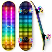 Suotu Skateboard met LED Lichtgevend Dek & Wielen - 80x20cm - ABEC-9 - 95A - Schokabsorptie - Jongens - Meisjes - Volwassenen Skateboards - Gekleurd raster