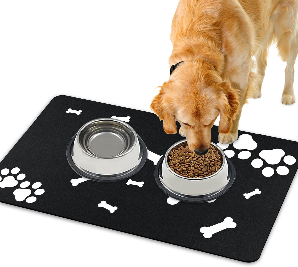 Voedermat voor honden, voedermat voor honden, sneldrogend, super absorberend, wasbaar, antislip, voor honden en katten, 43 x 75 cm (beenpootmotief, zwart)