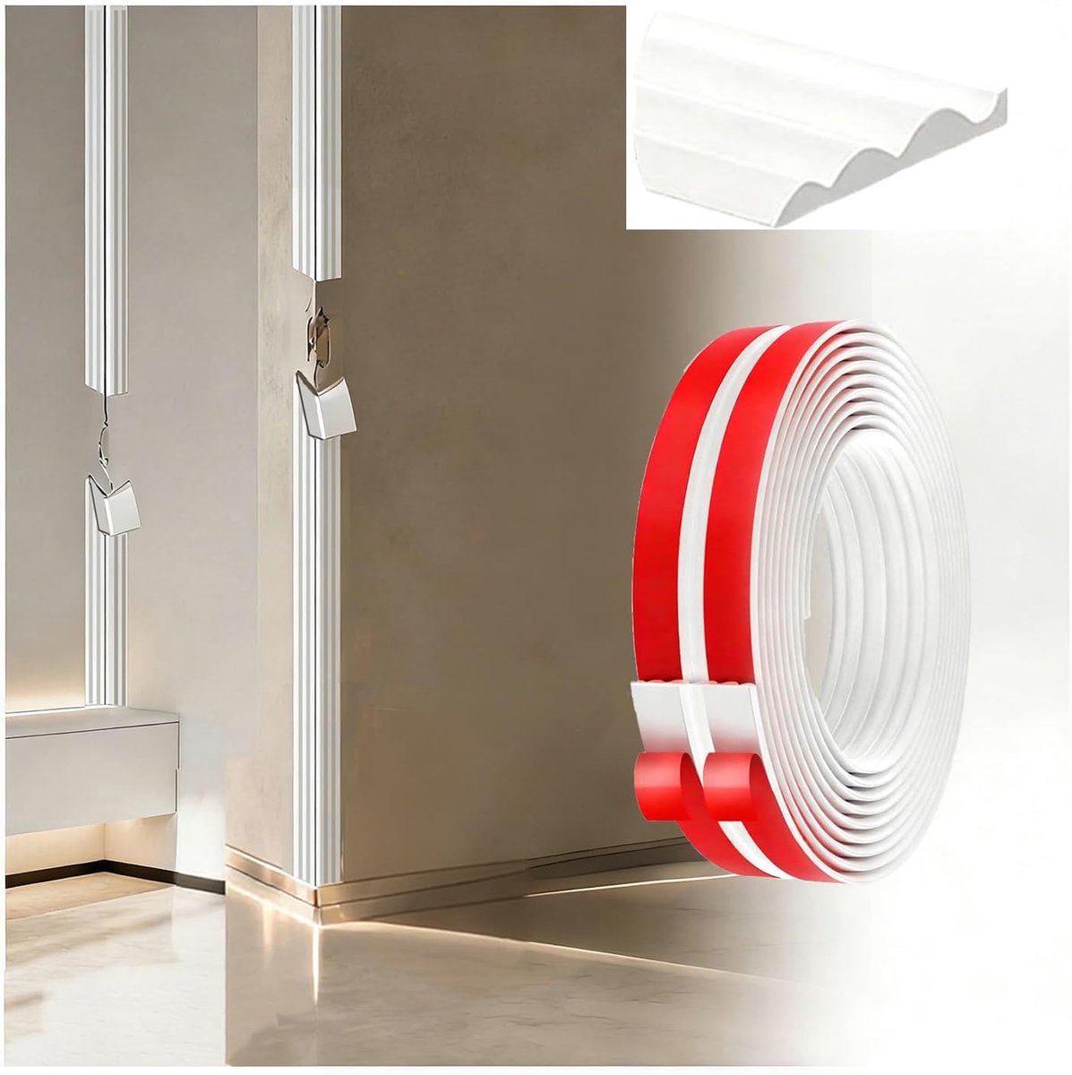randbescherming, flexibele zachte plint voor deuren, ramen, muren, keuken, tegels, waterdichte rol, eenvoudig op maat te snijden, ideaal voor doe-het-zelvers (wit, 1,5 m - 2 cm)