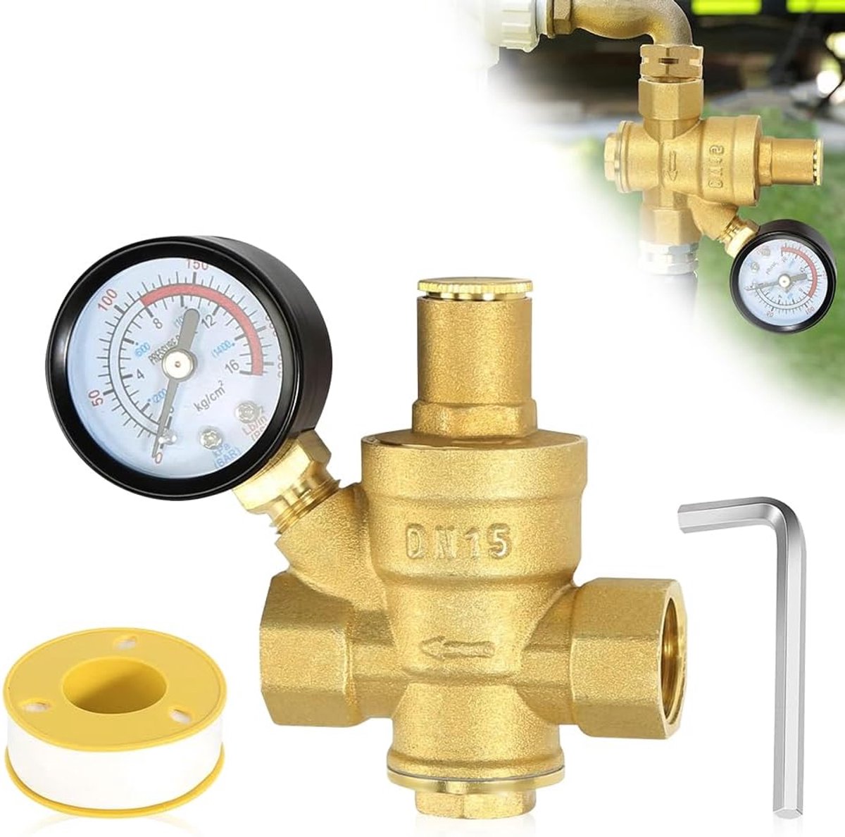 Water 1/2 inch DN15 met Manometer, Gemaakt van 100% Hooghardheid Messing Waterdrukregelaar met Instelgereedschap Instelbare Waterdrukregelaar Drukreduceerventiel