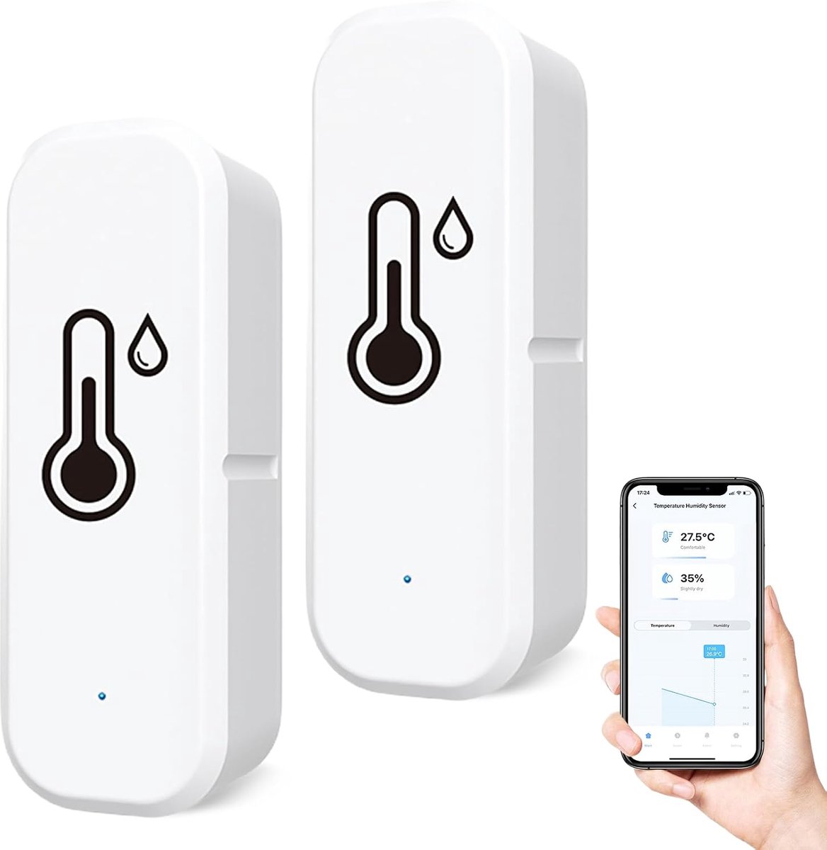 thermometer met hygrometer, 2 stuks, Bluetooth, thermohygrometer, hygrometer, voor huis, kas, luchtvochtigheidsmeter met afstandsbediening en alarmapplicatie