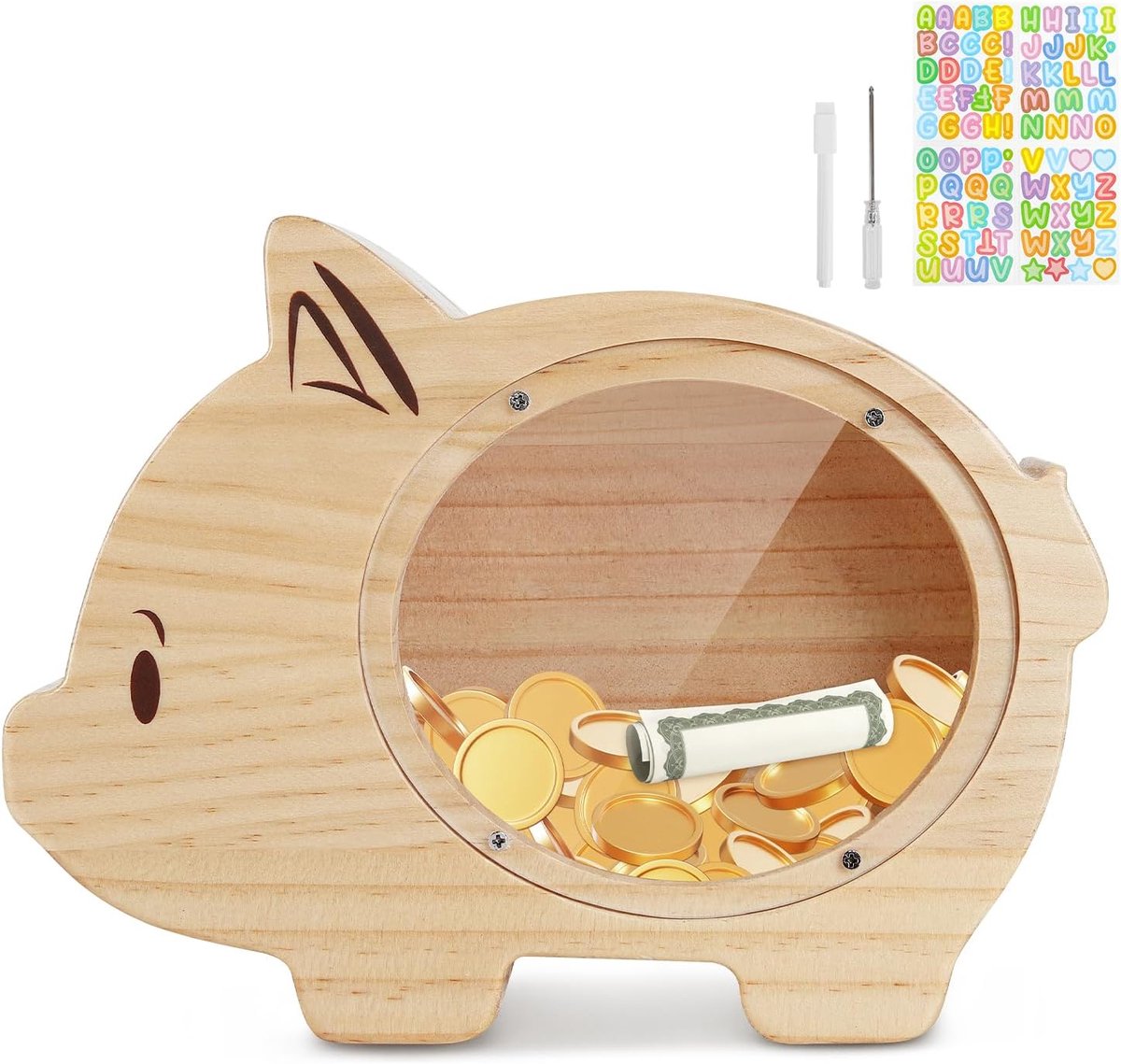Sparpot voor kinderen, spaarvarken spaardoosjes spaarpot voor kinderen met streefbedrag en sticker, gepersonaliseerd, houten, herbruikbaar voor meisjes, jongens, kinderen - varken