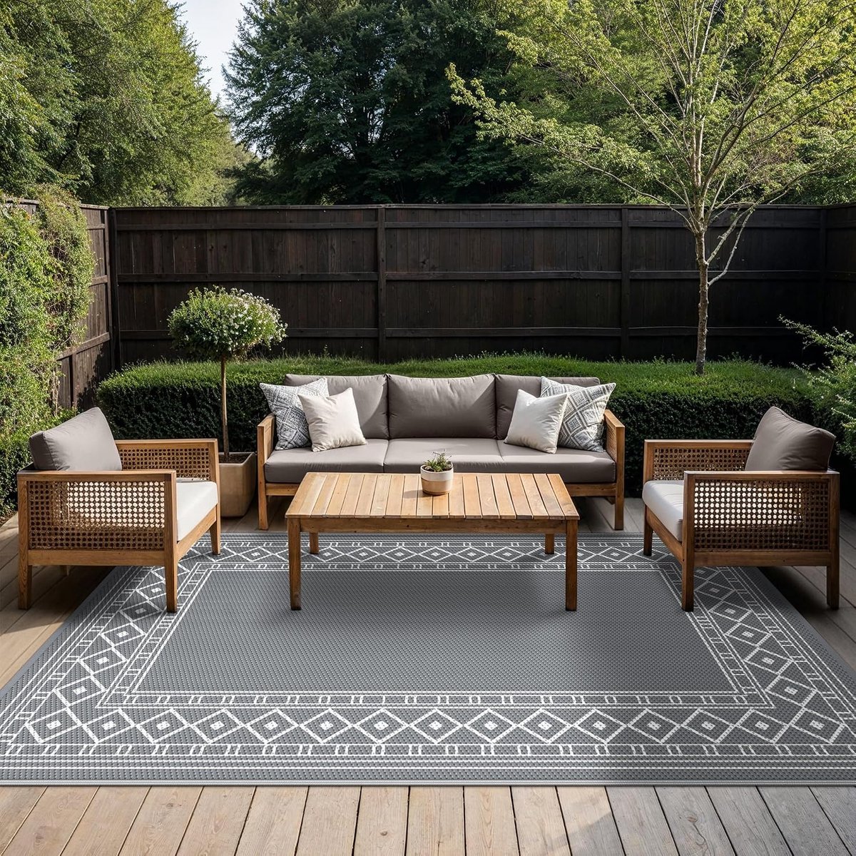 Tuinmat terras, waterdicht wendbare kunststof, buitengrillmat voor tuin, picknick, balkon, vintage grijs wit, 120 x 180 cm