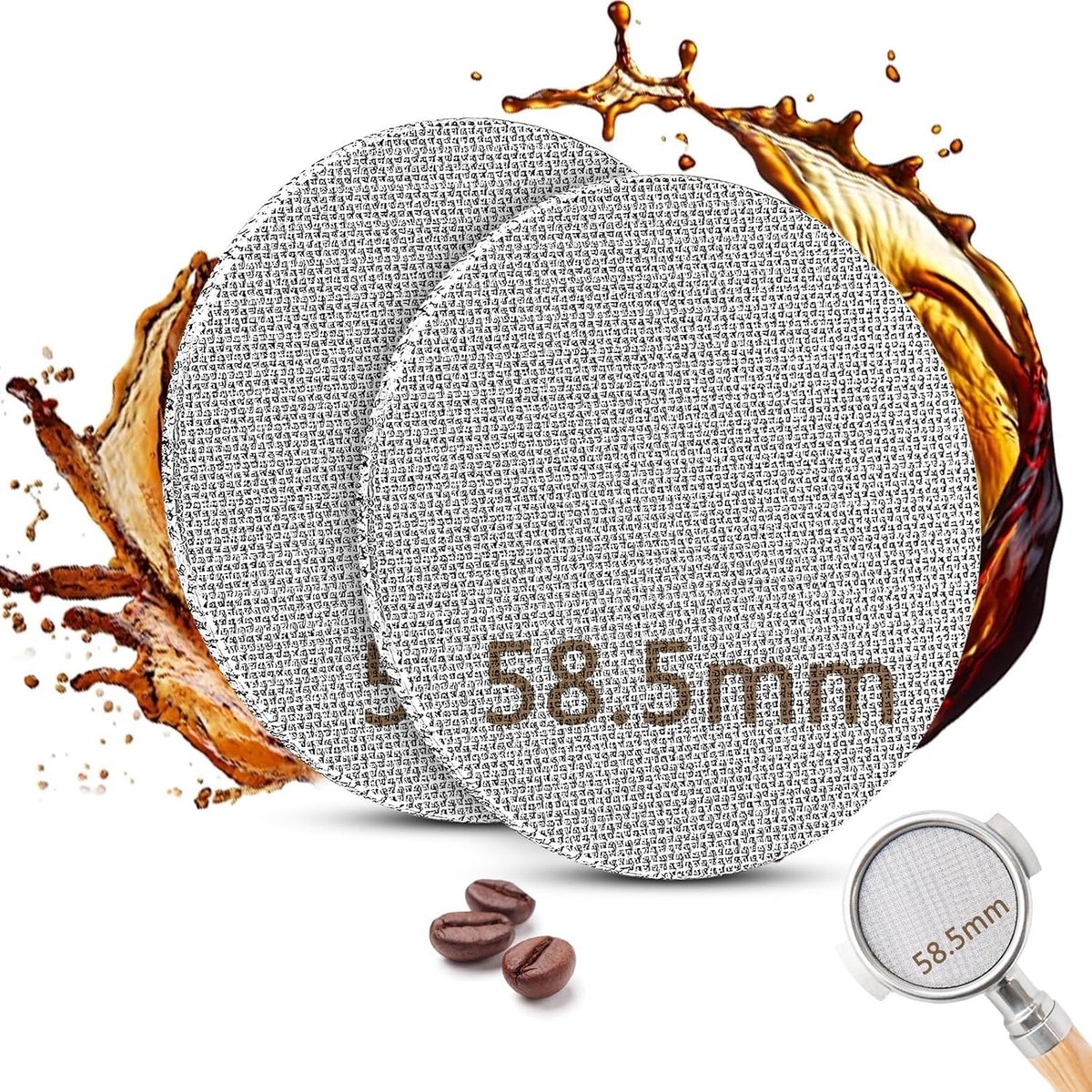 2 stuks Puck Screen 58,5 mm espresso zeef voor zeefhouder, roestvrij staal 316 zeefhouder, zeef 150 μm, herbruikbaar, 1,7 mm dikte, met 2 stuks reinigingsborstel voor koffiemachine