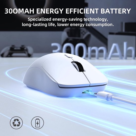 NJ07 SUPERLIGHT Draadloze Computermuis, BT/2,4 GHz/USB-C, 67g Lichtgewicht, 12800 DPI, 300 mAh Batterij, 1K Polling Rate, Gestroomlijnd Ergonomisch, Draadloze Stille Gaming voor PC/Mac - Wit — afbeelding 3