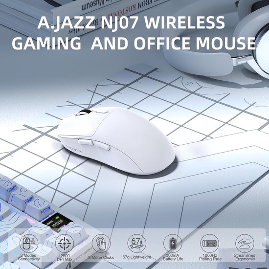 NJ07 SUPERLIGHT Draadloze Computermuis, BT/2,4 GHz/USB-C, 67g Lichtgewicht, 12800 DPI, 300 mAh Batterij, 1K Polling Rate, Gestroomlijnd Ergonomisch, Draadloze Stille Gaming voor PC/Mac - Wit — afbeelding 4