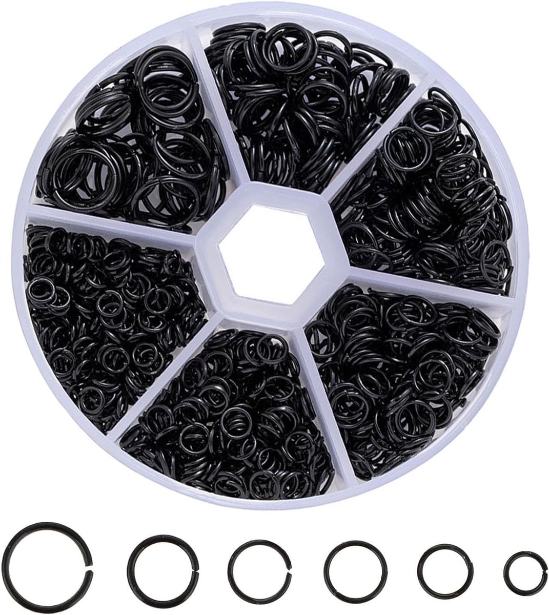 970 stuks metalen springringen, 4/5/6/7/8/10 mm, open ringen, connectoren, voor het maken van sieraden, armbanden, halskettingen, sleutelhangers, springringen van roestvrij staal (zwart)