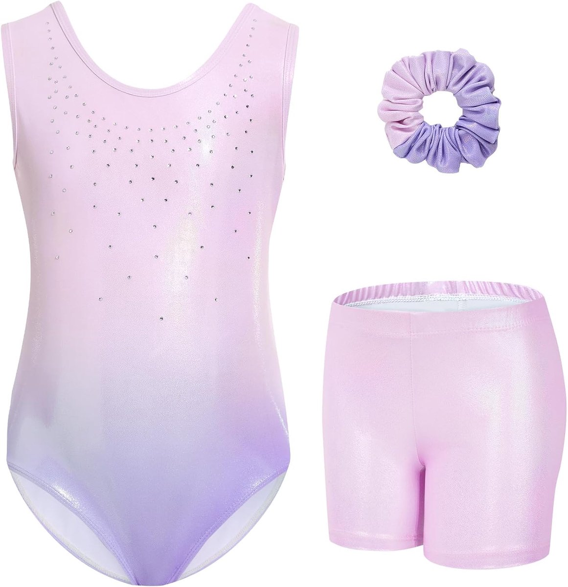 Gymnastiekset voor meisjes, driedelig, mouwloos turnpakje met een korte broek en haarband, sprankelend balletpakje, danspakje, gymnastiekoutfit met kleurverloop, voor 3-12 jaar