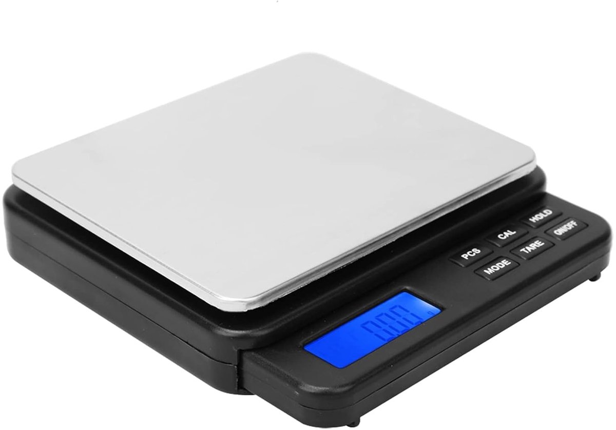 Digitale weegschaal, zeer nauwkeurige mini-elektrische weegschaal met blauwe achtergrondverlichting, 1000 G/0,01 G, voor keukens, laboratoria (zwart)