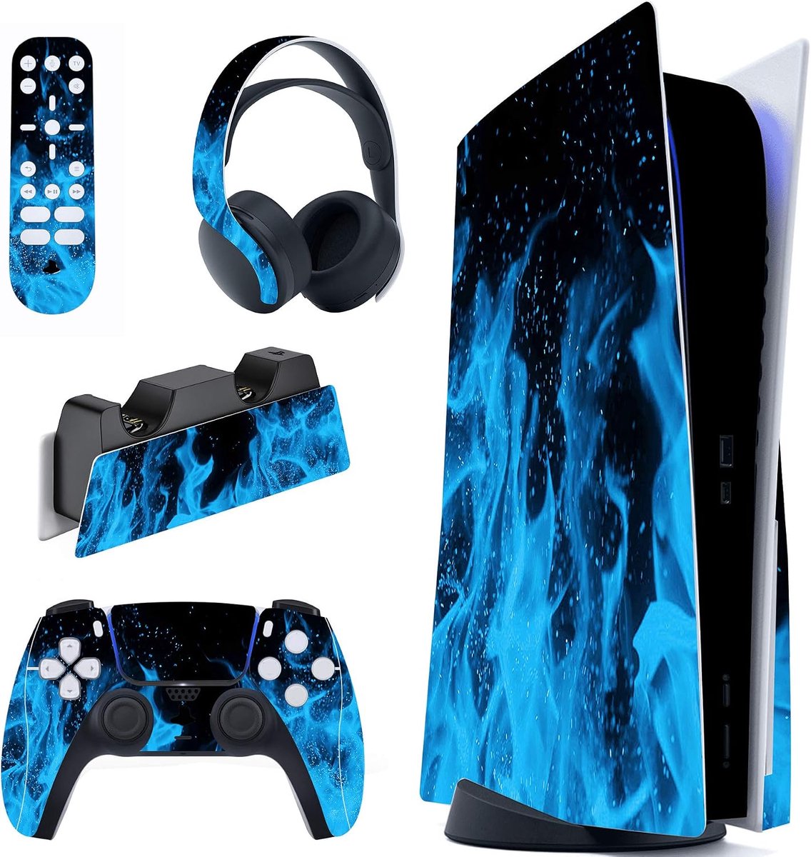 Huid Beschermhoes Folie Cover voor ps5 Controller & Disc Edition Console, Skin Vinyl Sticker Decal voor ps5 Laadstation & Headset en Media Remote (Blauwe Vlam) | Sticker voor PS5 Console Disc Edition & laadstation & hoofdtelefoon & afstandsbediening