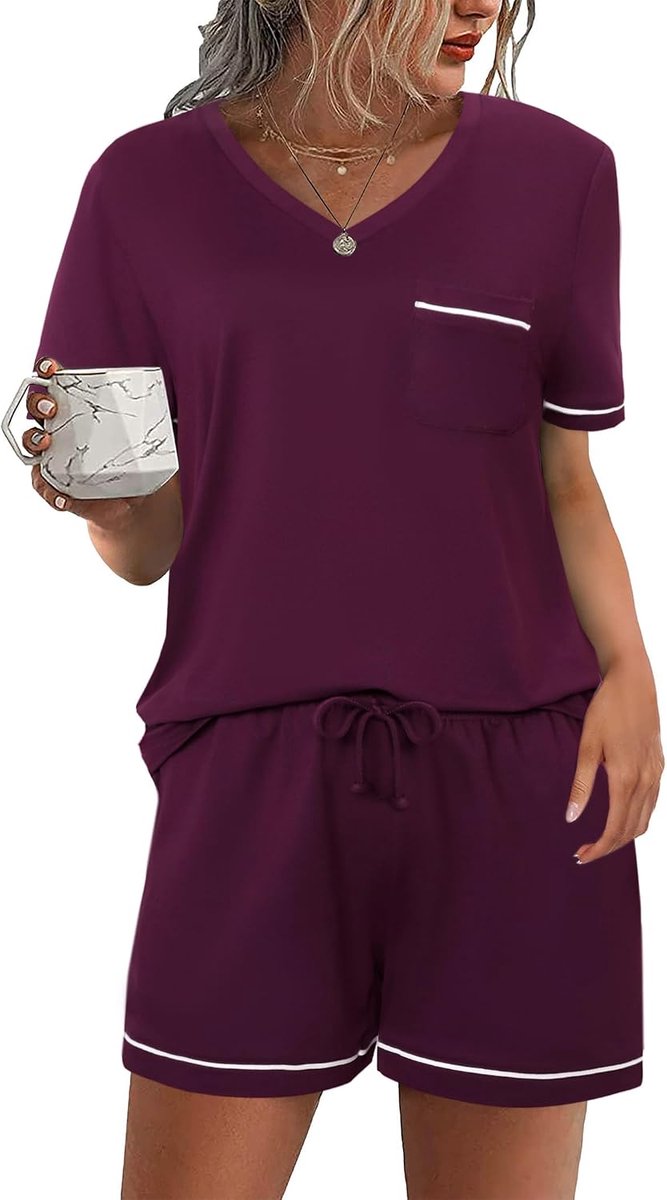 Korte damespyjama van katoen, zomerpyjama, damespyjama met kant en broek met zakken en trekkoord, zacht en comfortabel