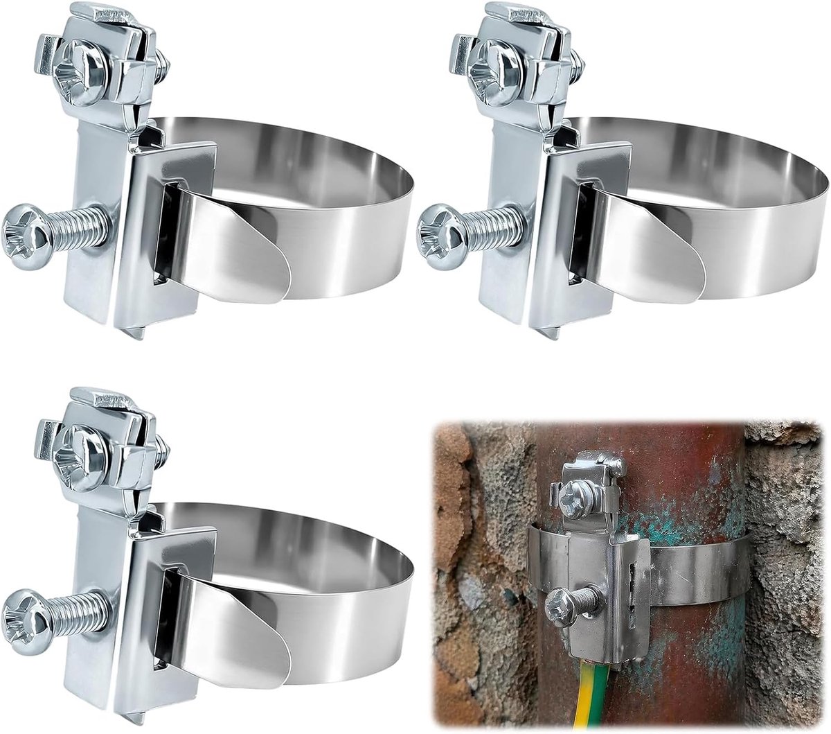 3 stuks aardklemmen, Ø 8-52 mm, zilver, aardingsklem, bandklem roestvrij staal voor kabelbevestiging, bliksembeveiliging en verdeeldozen