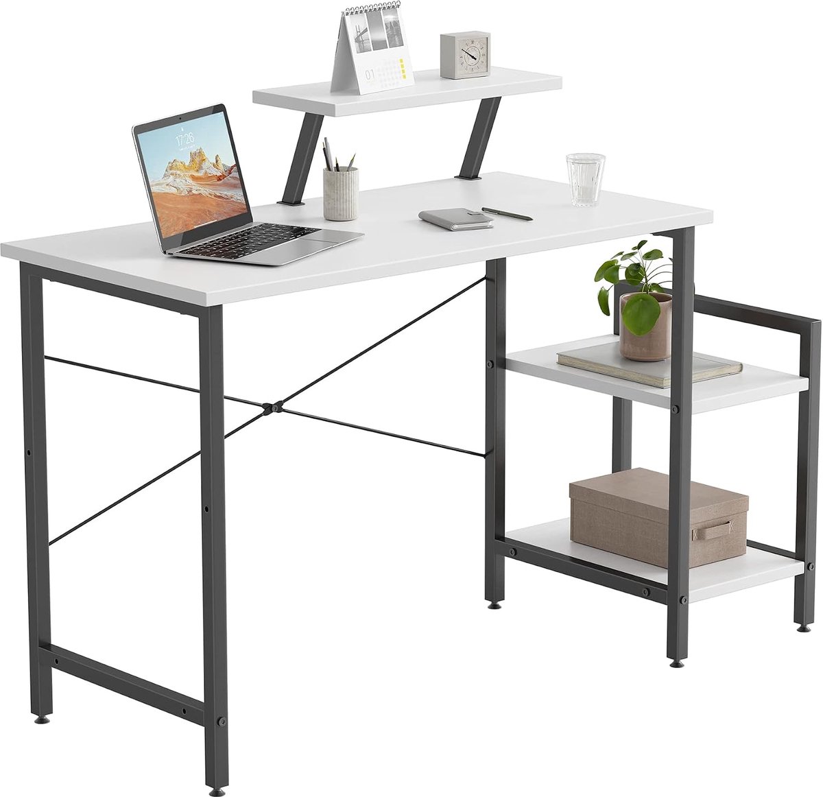 Klein computerbureau 100 x 50 cm thuiskantoor multifunctioneel schrijfbureau met extra opbergrek en beweegbare plank, wit