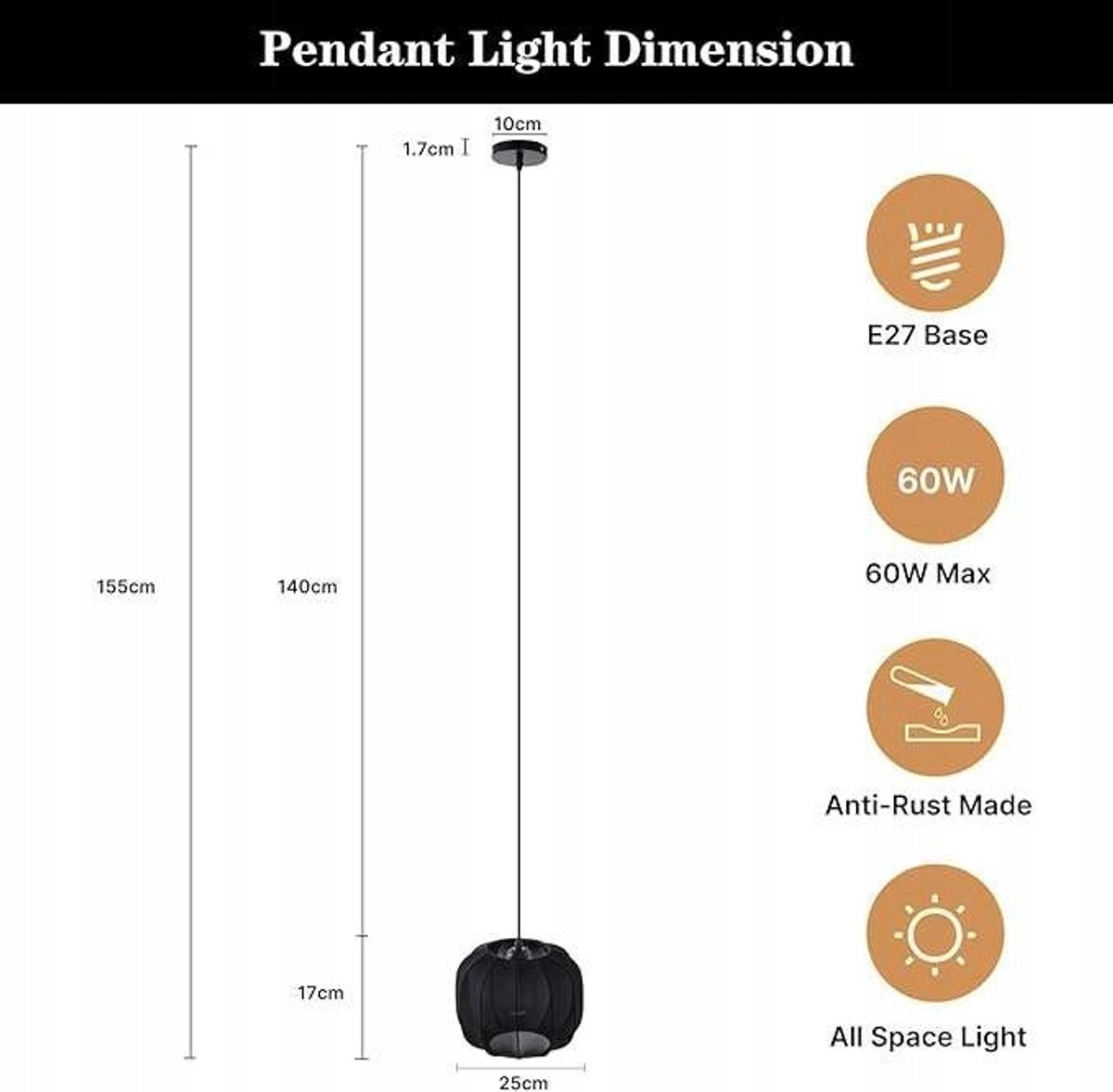 Zwarte Hanglamp E27, Ronde Materiaal Kap, Diameter 20cm