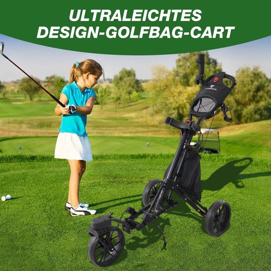 Emvae Golftrolley - Golfkar - Opvouwbaar - 3 Wielen - Voetrem - Rubberen Banden - Aluminium - 162 x 67 x 113 cm - 8 kg - Zwart — afbeelding 4