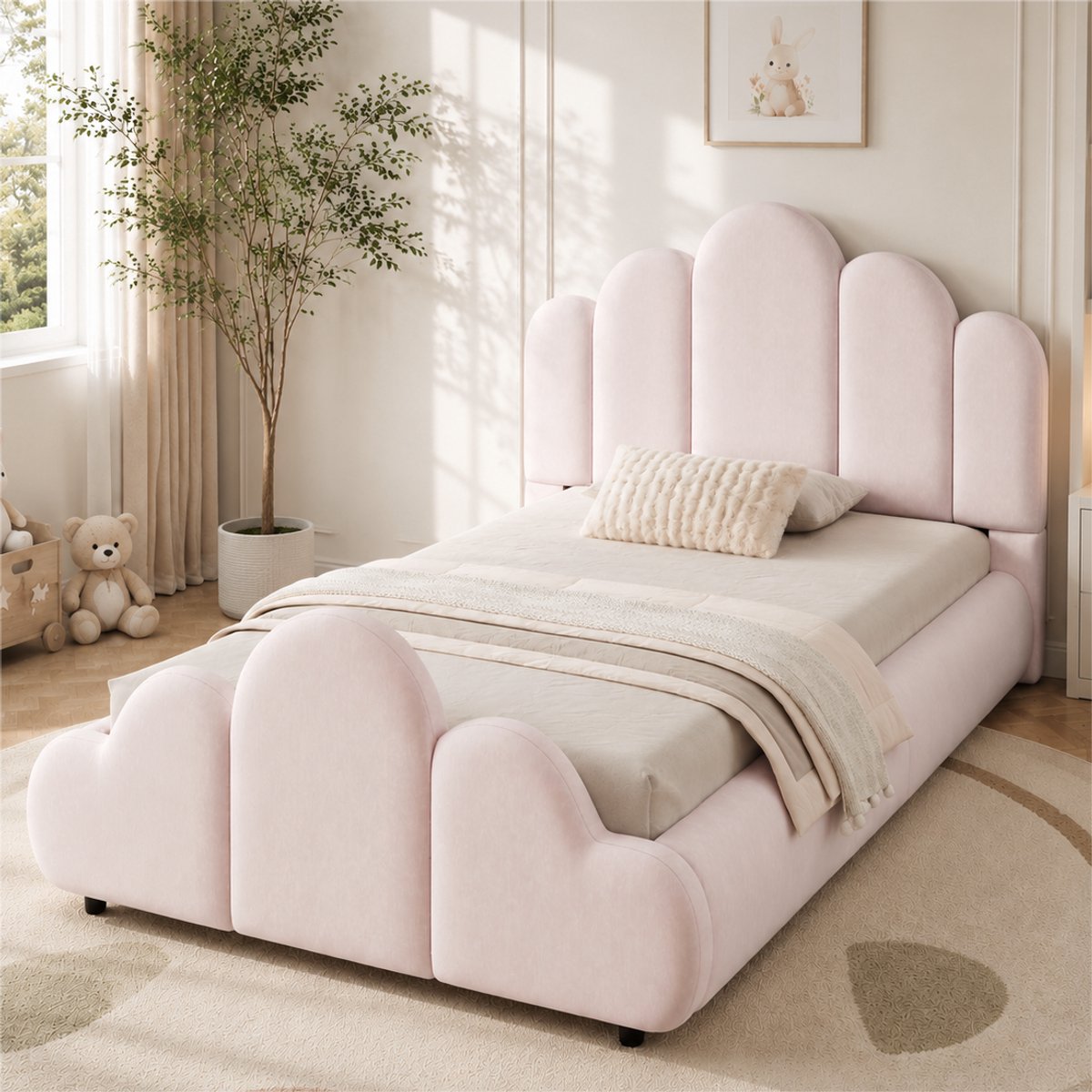 STILVORA Kinderbed 90x200 cm – Gestoffeerd Eenpersoonsbed Met Wolkvormig Design – Afgeronde Hoeken – Met Lattenbodem – Zonder Matras – Roze