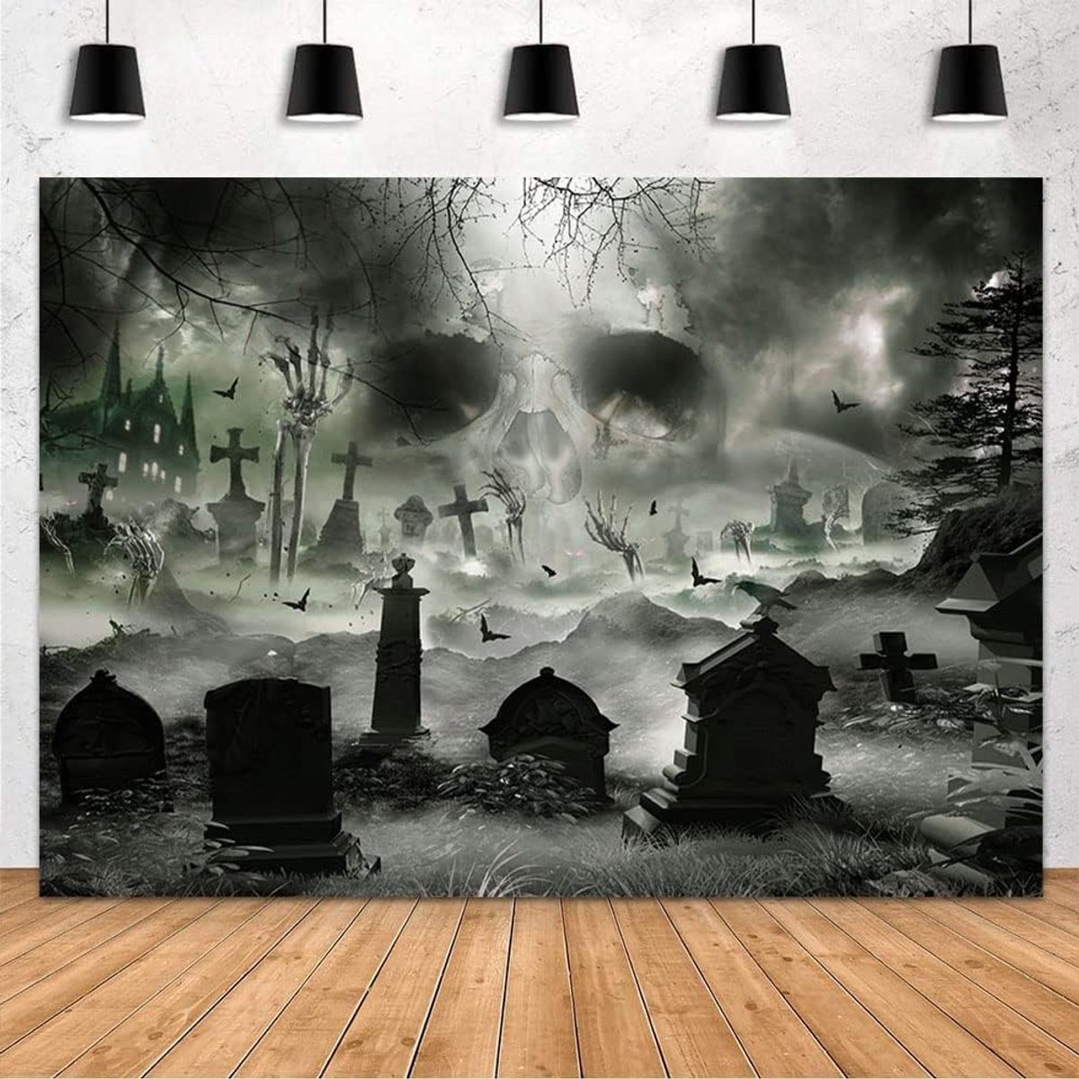 Halloween Fotografie Achtergrond 7x5ft - Blauwe Enge Begraafplaats - Polyester - Perfect voor Familie Feest - ShopVlot