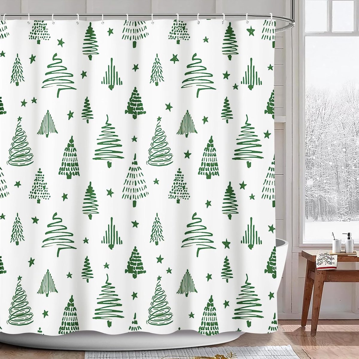 Douchegordijn 180x180cm - Groene kerstboom met sterren - Duurzaam polyester - Perfect voor kerstdecoratie - ShopVlot