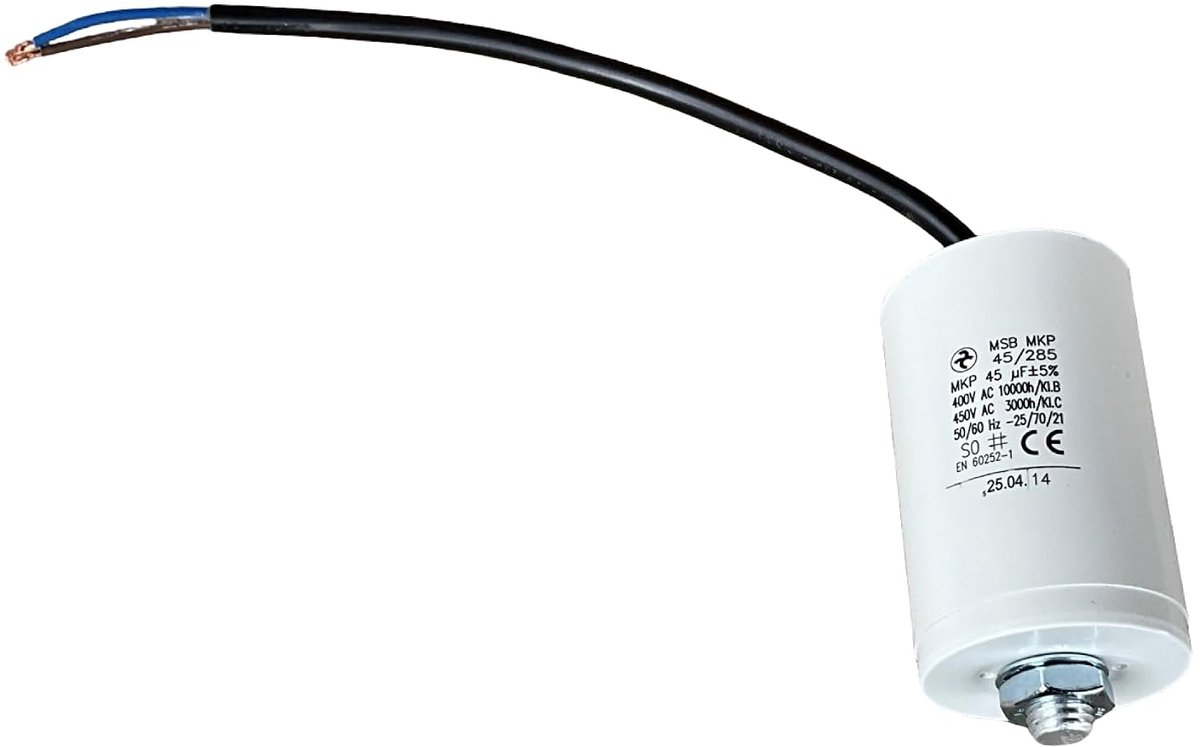 Permanent condensator 45 µF - met 250 mm kabel - M12 bevestiging - voor motoren - ShopVlot