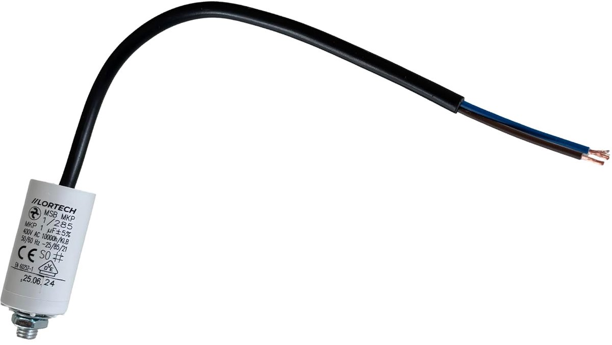 Permanent condensator 1 µF - 450 V AC - 250 mm kabel - ideaal voor enkel-fase elektromotoren - ShopVlot