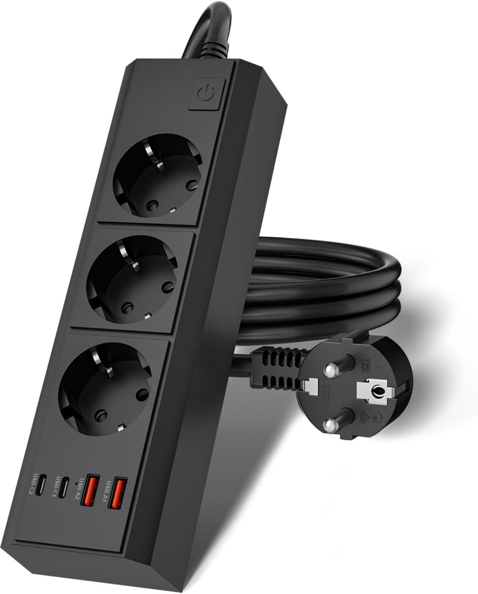 Meerkrachtstekker 7-in-1 - 1.5 m kabel - 3 Schuko + 4 USB - ideaal voor thuis en op reis - ShopVlot