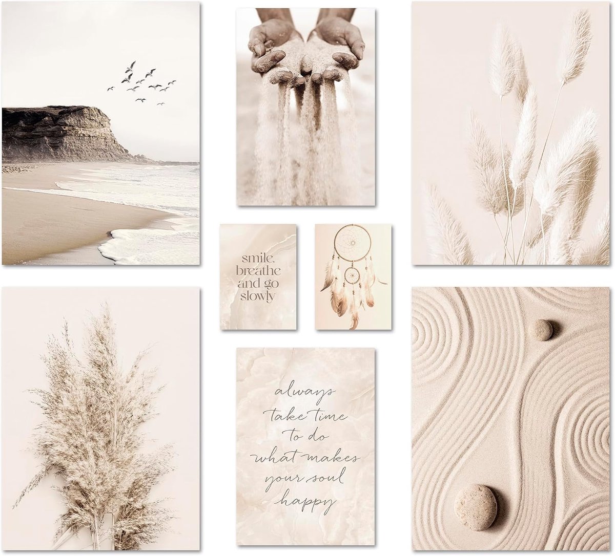 Posterset Beige Dreams - 8 Moderne Posters - Pampasgras en Zee - Sfeervolle Wanddecoratie - ShopVlot