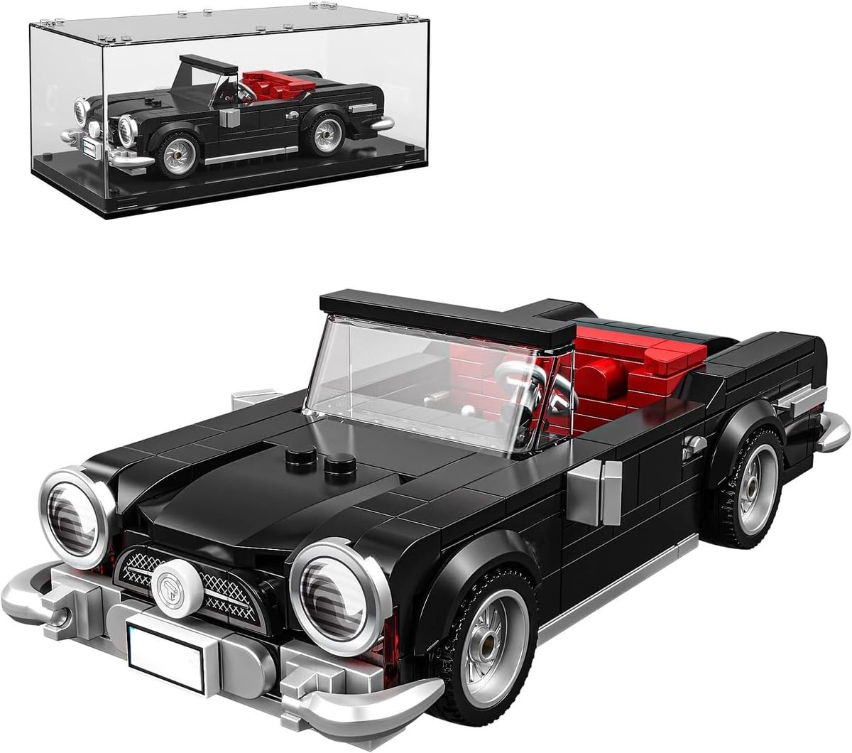 Bouwstenen set retro auto 324 delen - zwart met acryl vitrine - klassiek model - ideaal voor verzamelaars - ShopVlot