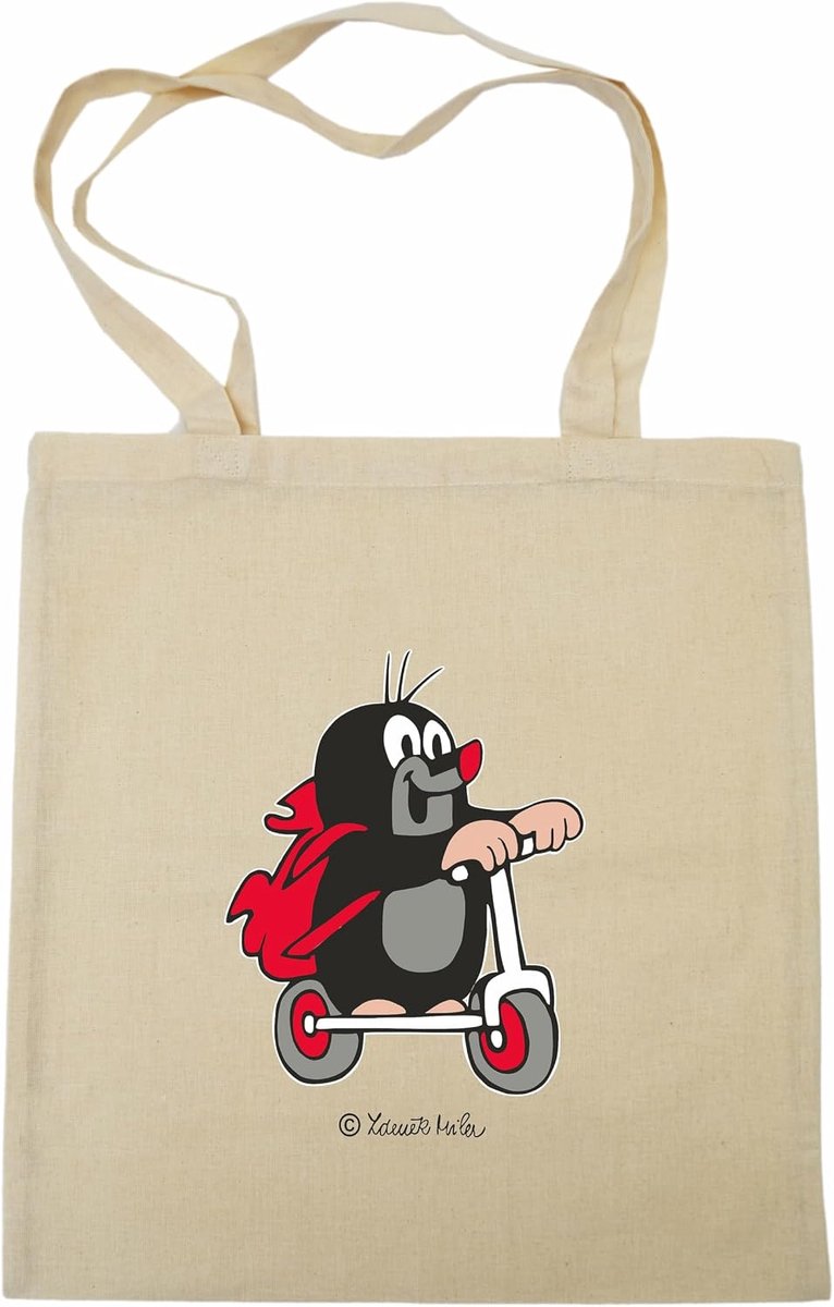 Katoenen tas voor boodschappen 42 x 38 cm - Beige met zwart - Met handvat - Leuk voor kinderen - ShopVlot