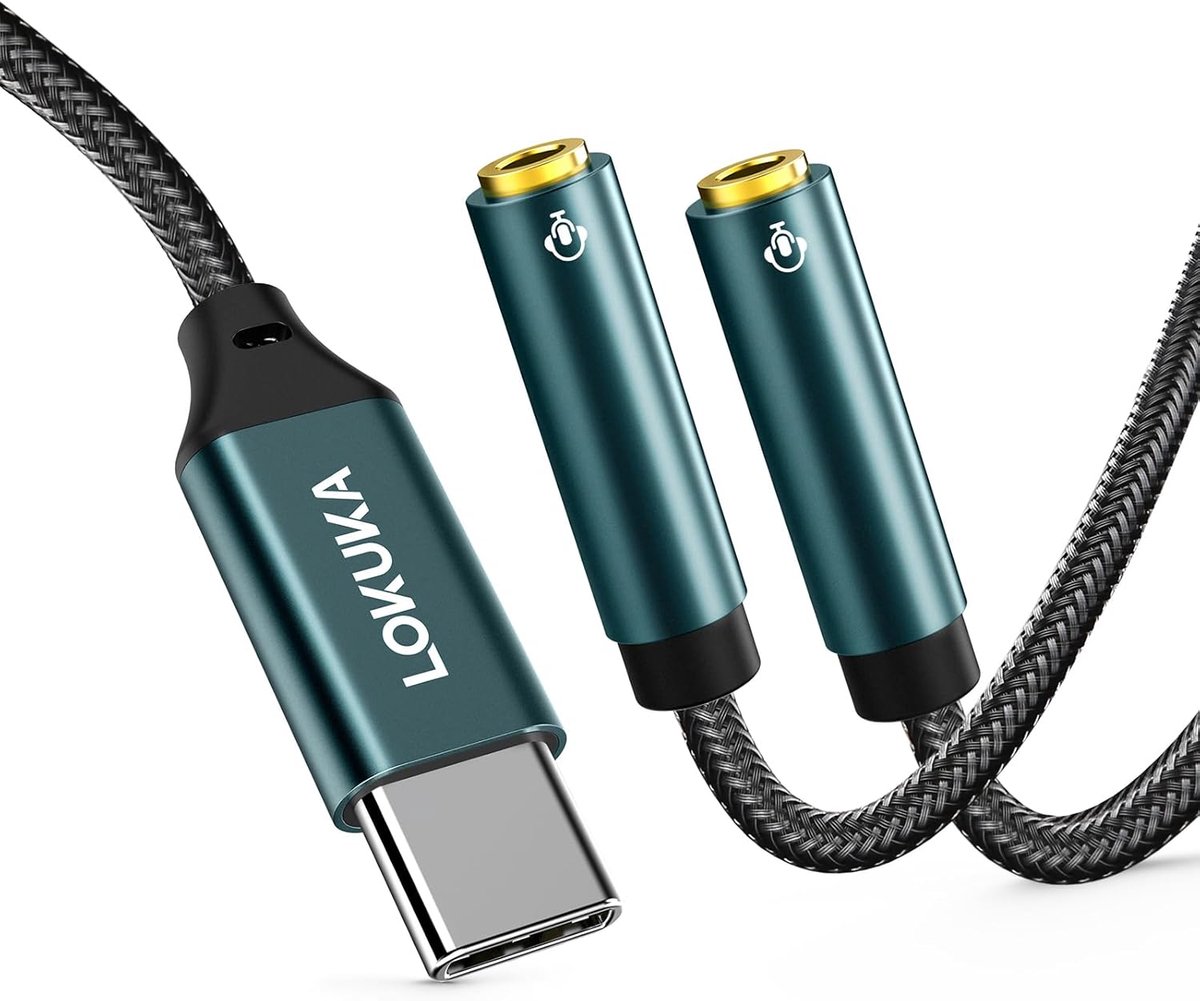 USB C headphone splitter adapter 1.2m - 2 TRRS 3.5mm audio - 24bit/96kHz DAC - deel muziek of gesprekken - ShopVlot