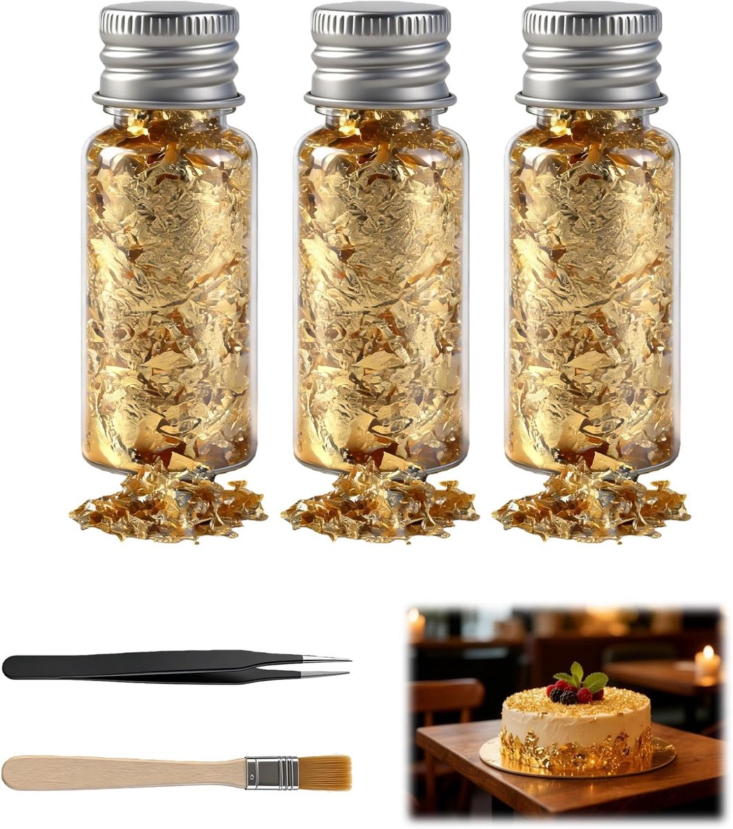 Goudbladdecoratieset 3-delig - Goudfolieflacons met metalen stop - Precisietang en platte kwast - ShopVlot