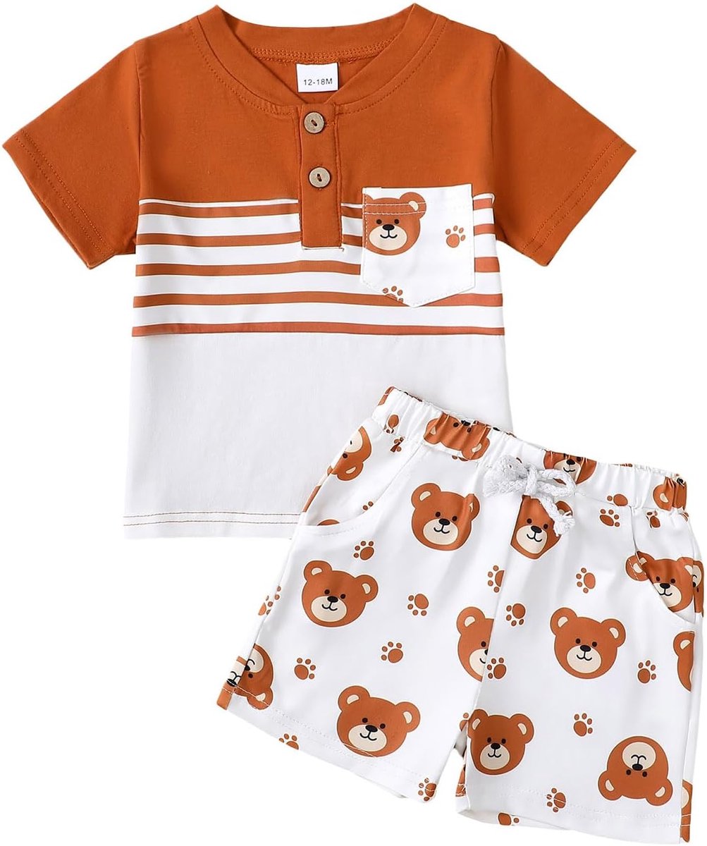 Baby jongens kleding set - korte mouwen - gestreept - schattige dino en beer print - SnelShoppen